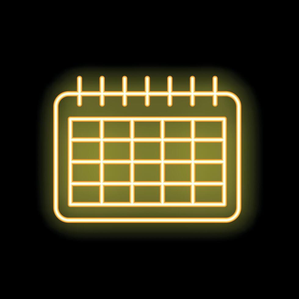 Neon yellow calendar icon glowing on black background vector