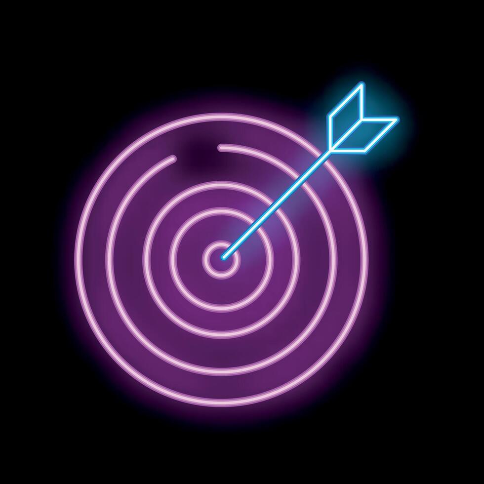Neon target showing concept of goal setting with arrow hitting bullseye vector