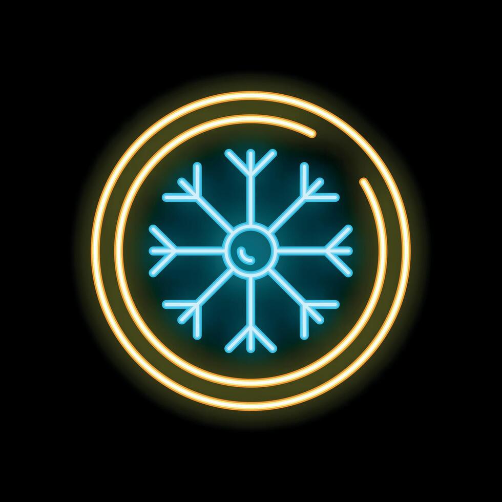 Glowing neon sign depicting a snowflake in a circle on a black background vector