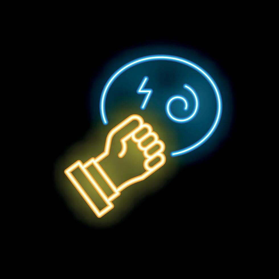 Hand touching warning sign with energy symbols neon sign on black background vector