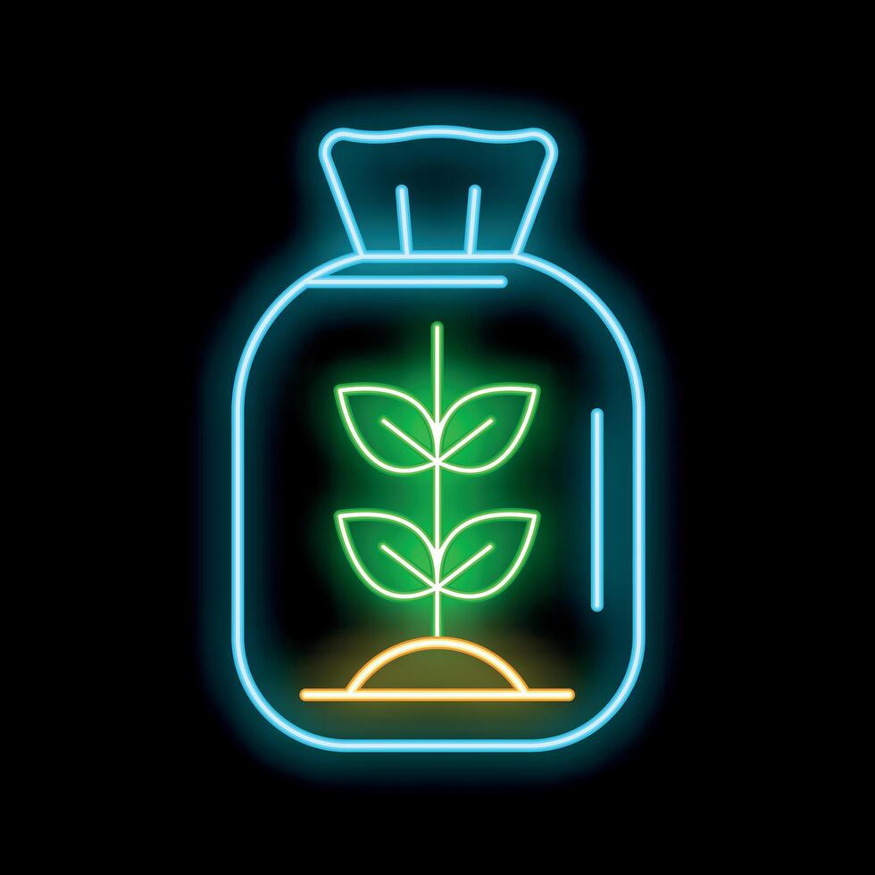 Neon icon of a bag of flour with a seedling growing from the soil, representing gardening and agriculture vector