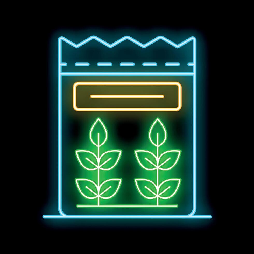 Glowing neon line pack full of seeds of a farm plant icon isolated on black background. vector