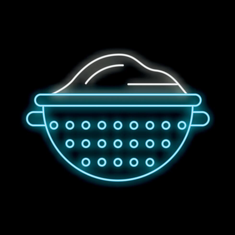 Glowing neon line icon of a colander isolated on a black background, representing kitchen utensils vector
