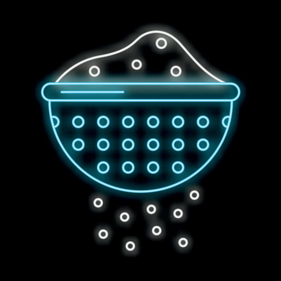Neon blue colander sifting white flour on black background vector