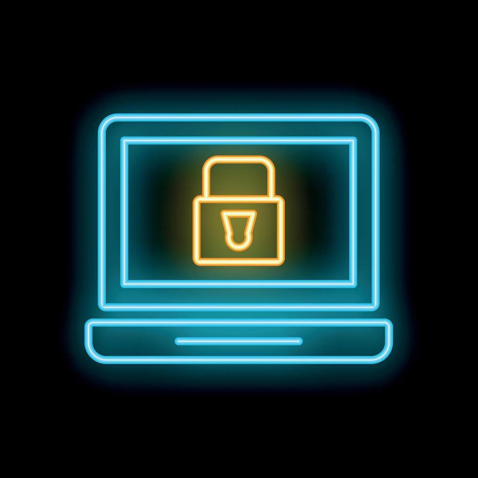Neon laptop showing security padlock icon on black background vector