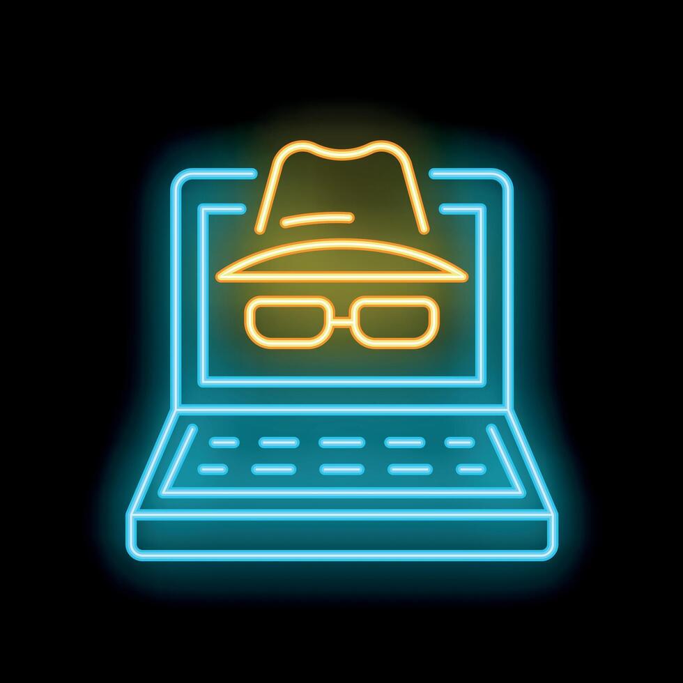 Neon icon of hacker wearing hat and sunglasses on laptop screen vector