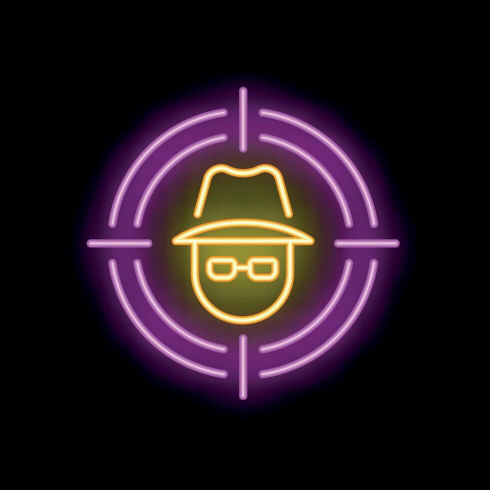Neon icon of spy face in target aiming center pointing vector