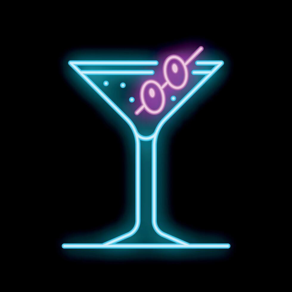 Neon sign showing cocktail glass with olives on a stick on black background vector