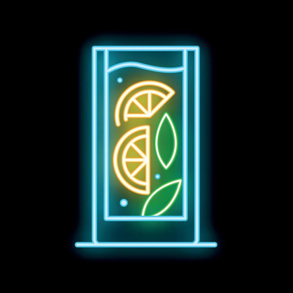 Neon sign showing refreshing summer cocktail with lime and mint on black background vector
