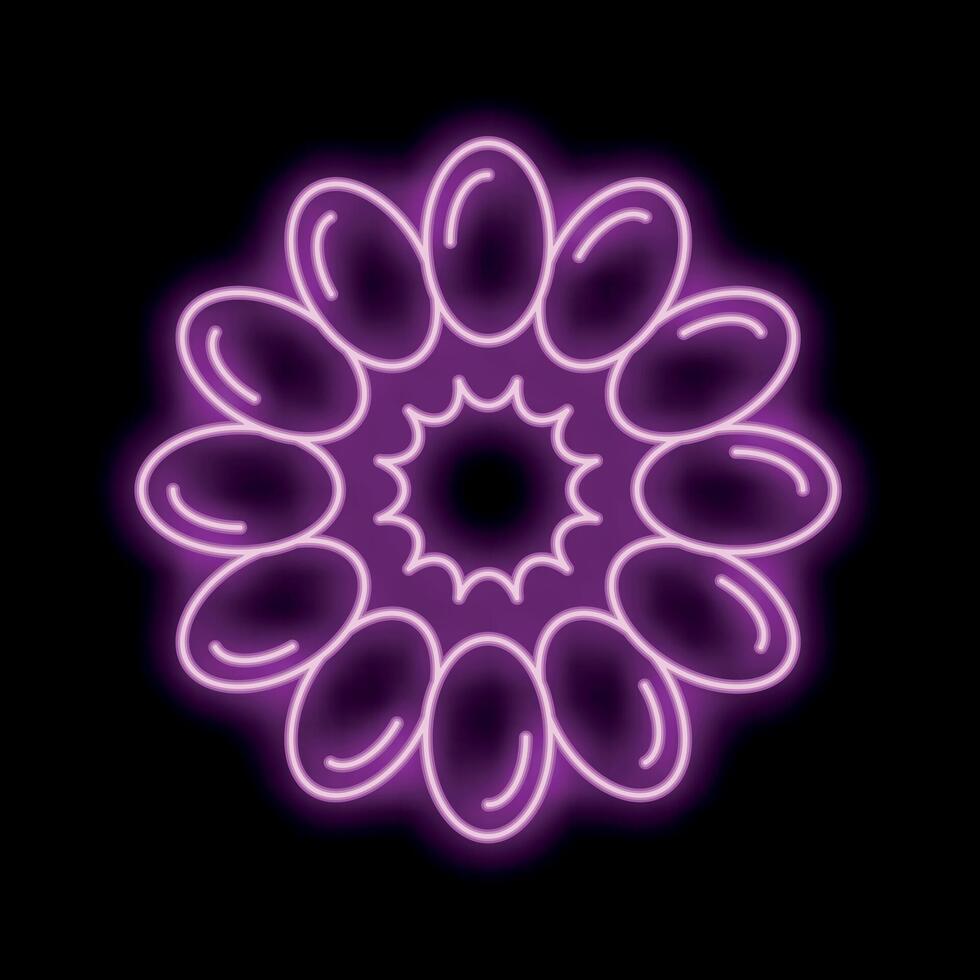 Purple neon flower with round petals glowing on black background vector