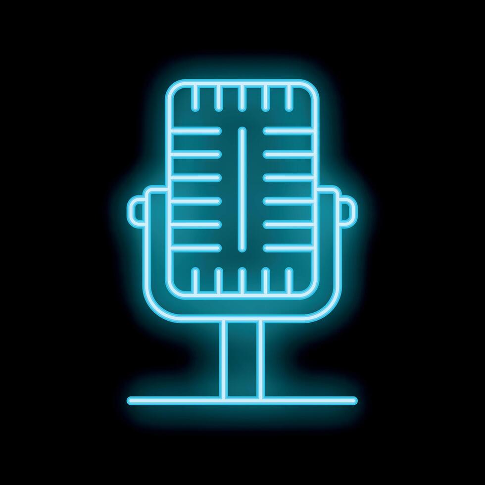 Blue neon sign retro microphone icon glowing on black background vector