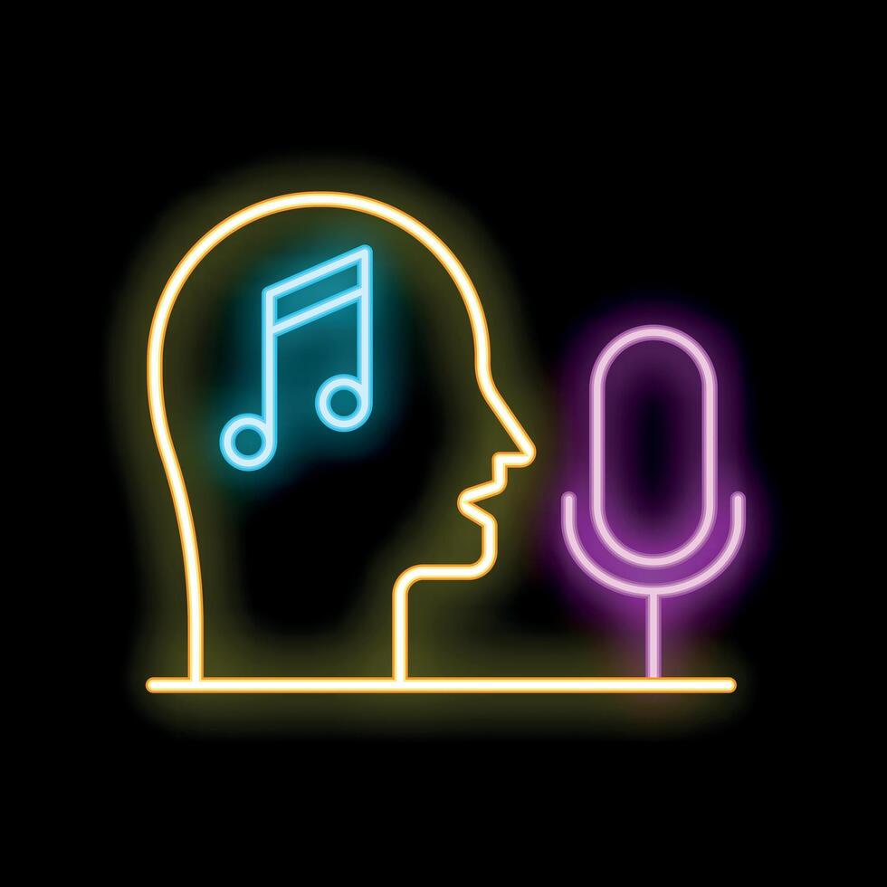 Neon sign of human head with music note singing into microphone vector