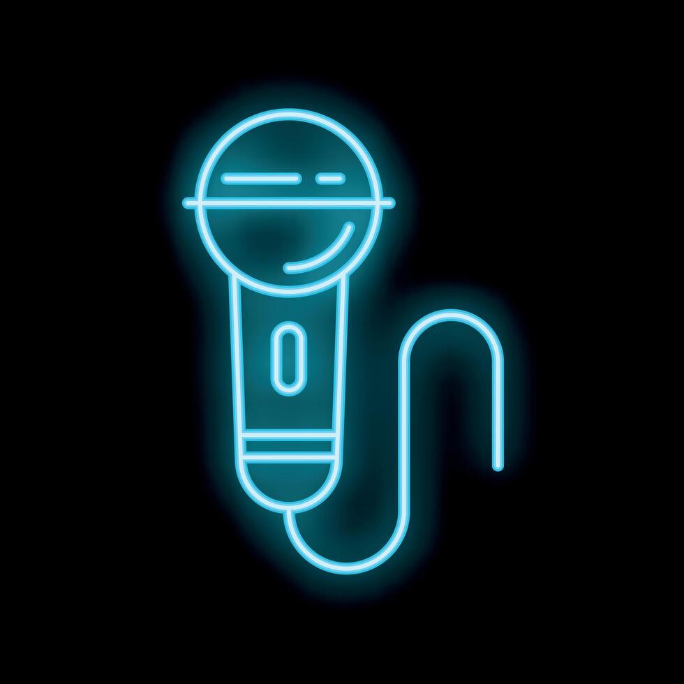 Blue neon microphone glowing on black background vector