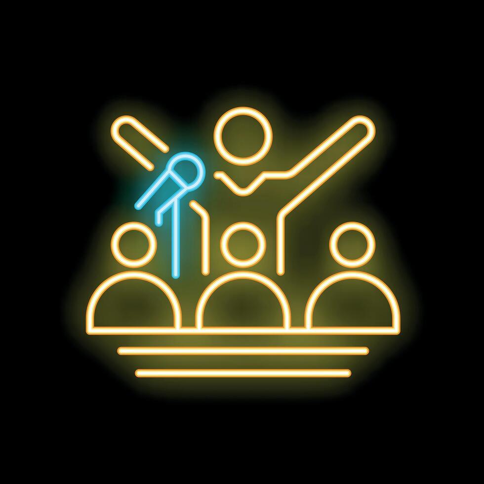 Motivational coach inspiring audience with arms raised on stage neon sign vector
