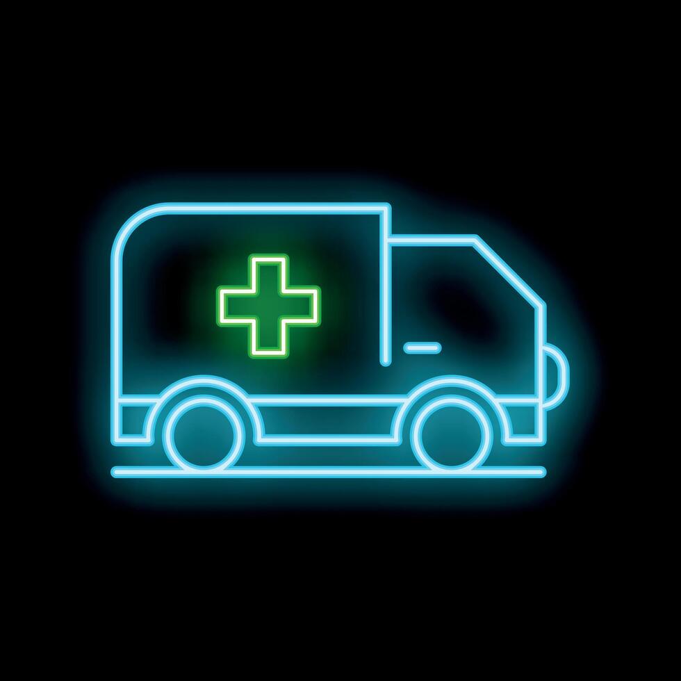 Neon ambulance icon glowing on dark background vector
