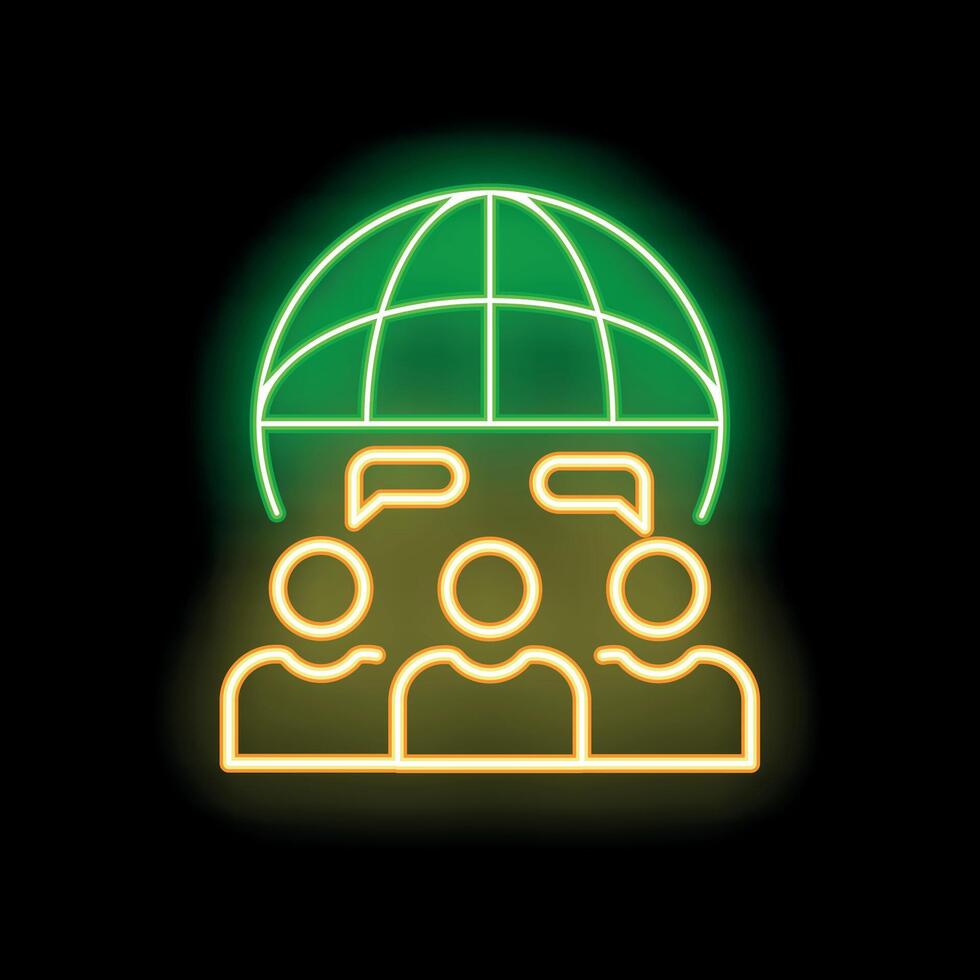 Neon icon of people chatting under a globe for global communication vector
