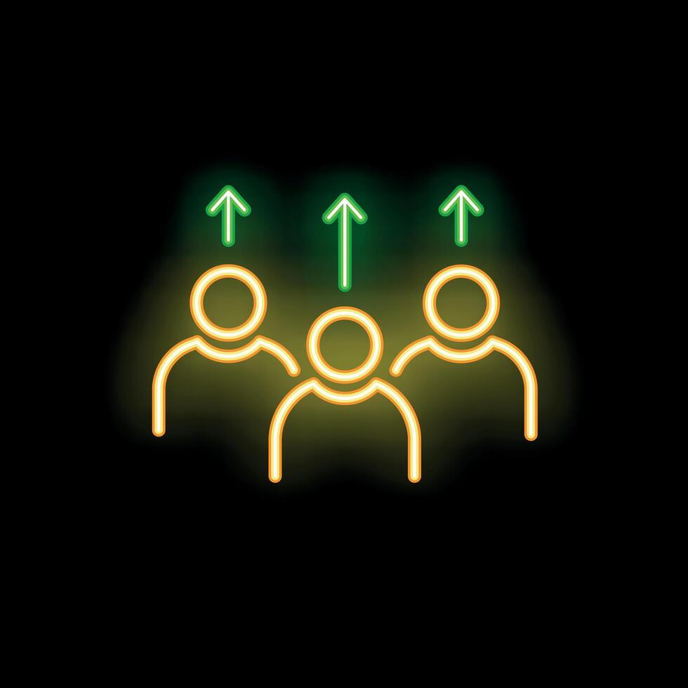 Neon icons of people growing with up arrows on black background vector