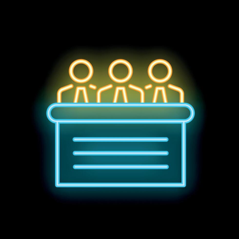 Neon icon of three businesspeople sitting at a table having a business meeting vector