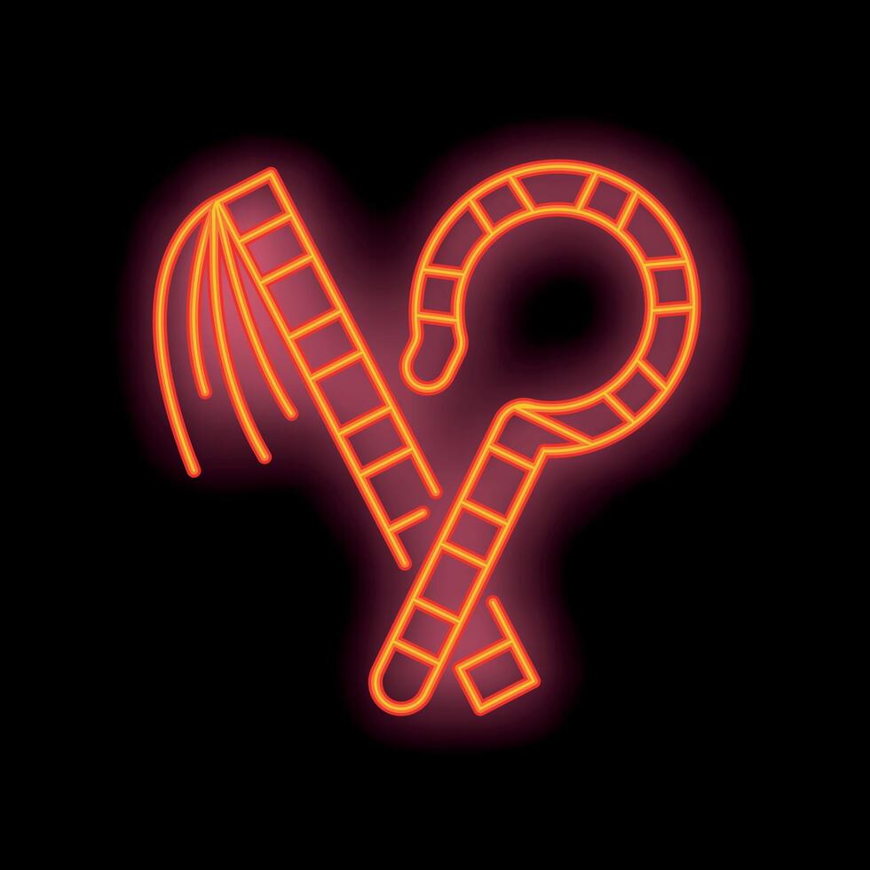 Neon sign depicting crossed crook and flail on black background vector