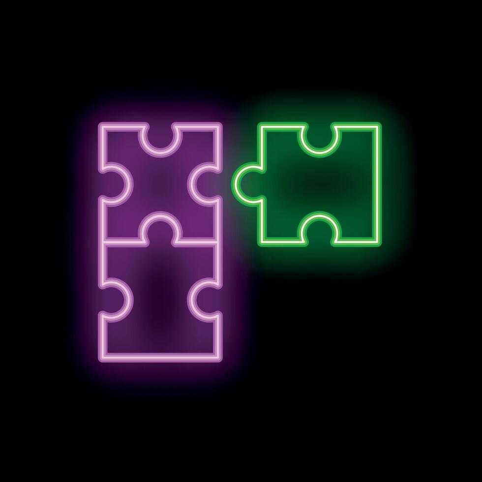 Green glowing neon puzzle piece completing a set of two purple pieces on a black background vector