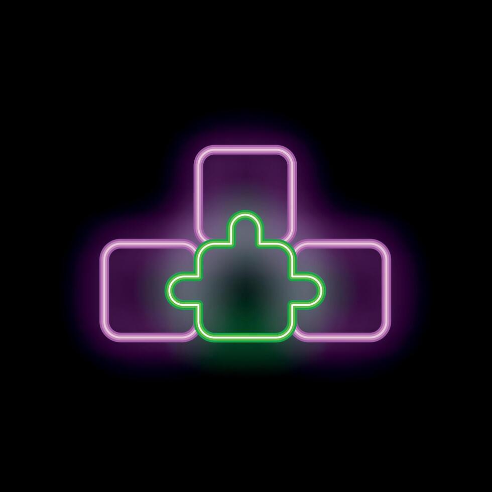 Neon sign of a green puzzle piece completing three purple squares vector