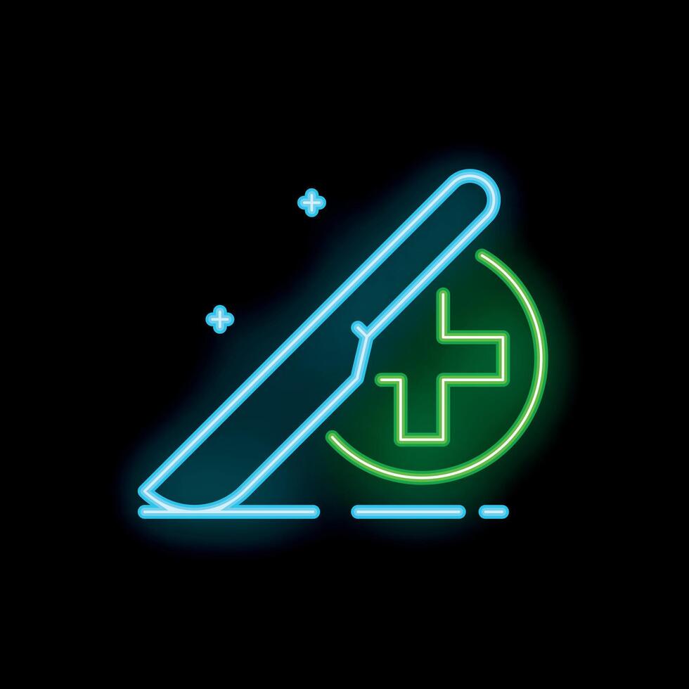 Neon scalpel glowing with green medical cross sign on black background vector