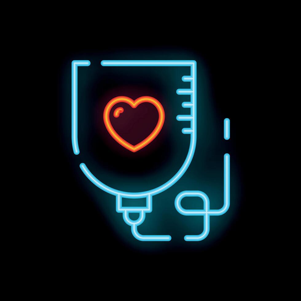 Neon icon of blood transfusion bag glowing on dark background vector