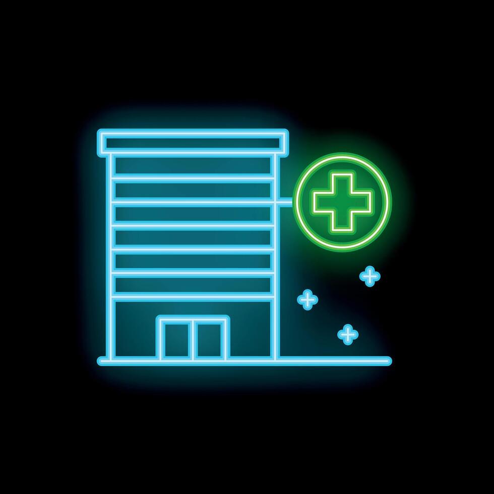 Glowing neon hospital building sign with green cross on black background vector