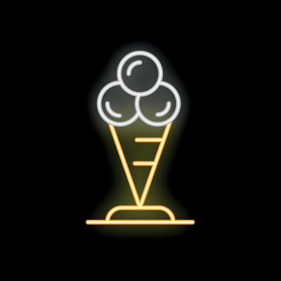 Glowing neon sign of ice cream balls in waffle cone on black background vector
