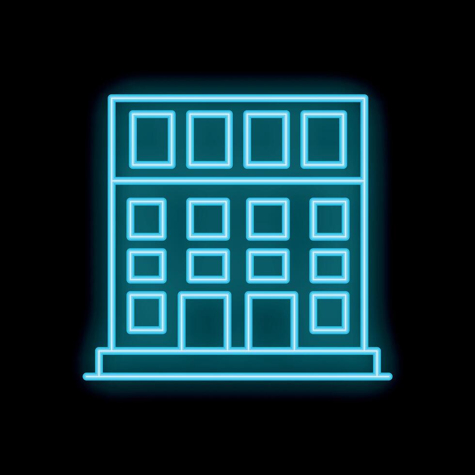 Glowing neon sign of a modern multi storey building with large windows on a black background vector