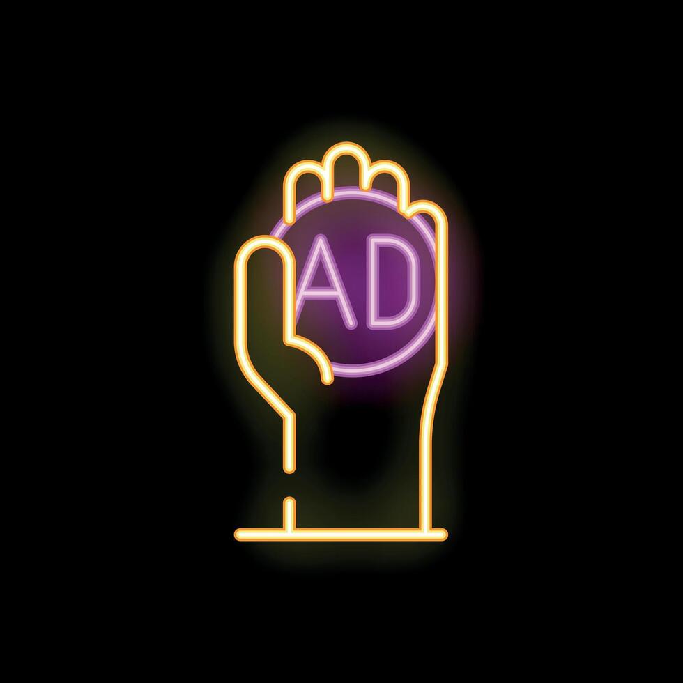 Neon style hand holding an advertisement icon on black background vector