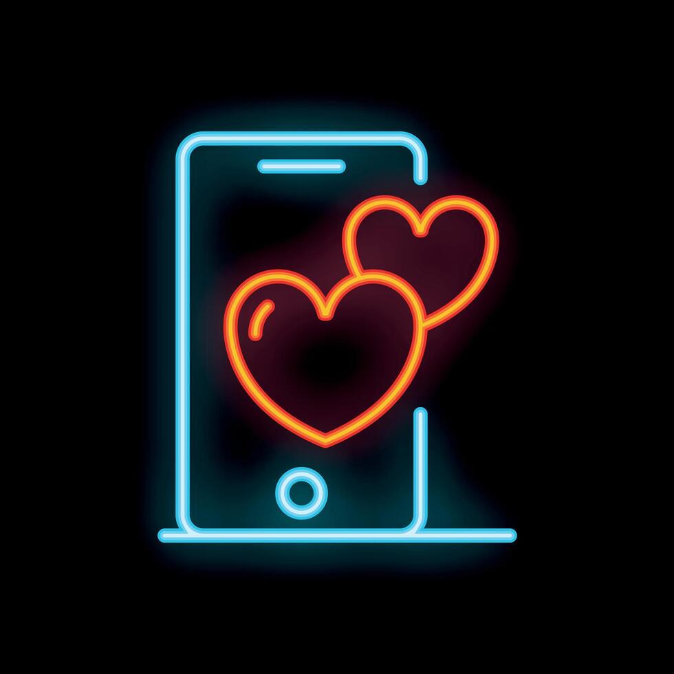 Neon mobile phone with hearts showing online dating app vector
