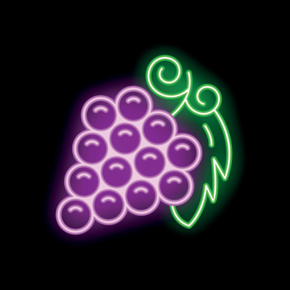 Neon sign showing bunch of round grapes with leaf on black background vector