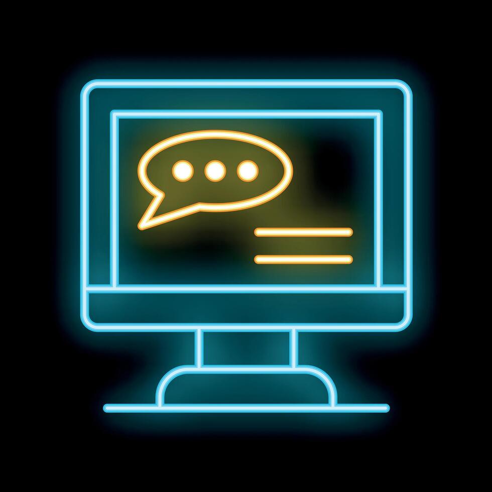 Neon computer monitor displaying chat bubble icon on black background vector