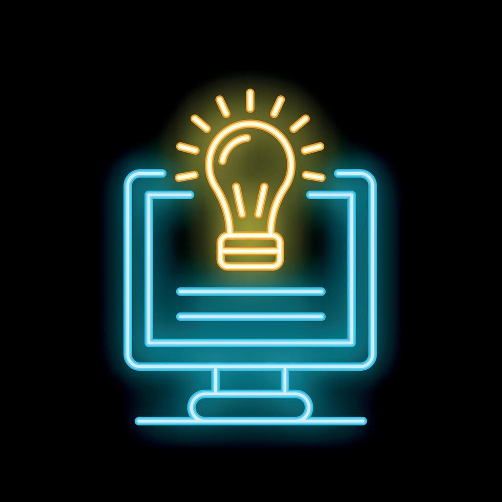 Neon light bulb shining over desktop computer screen for new ideas and innovation vector