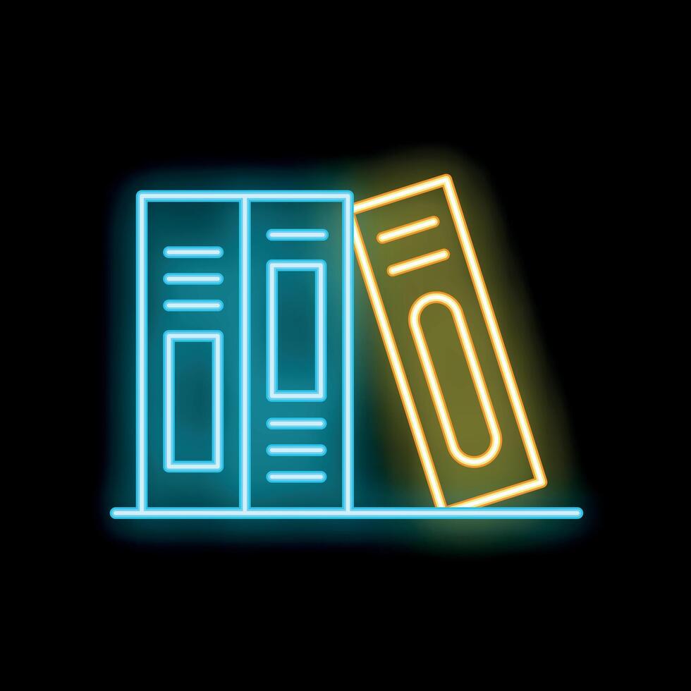 Glowing neon line bookshelf with books icon isolated on black background. illustration vector