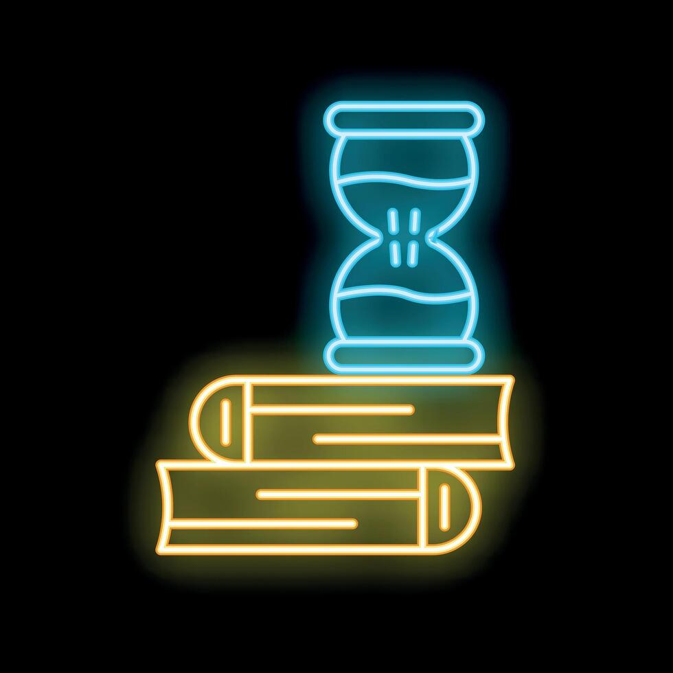 Neon icon of hourglass sitting on stack of books symbolizing deadline vector