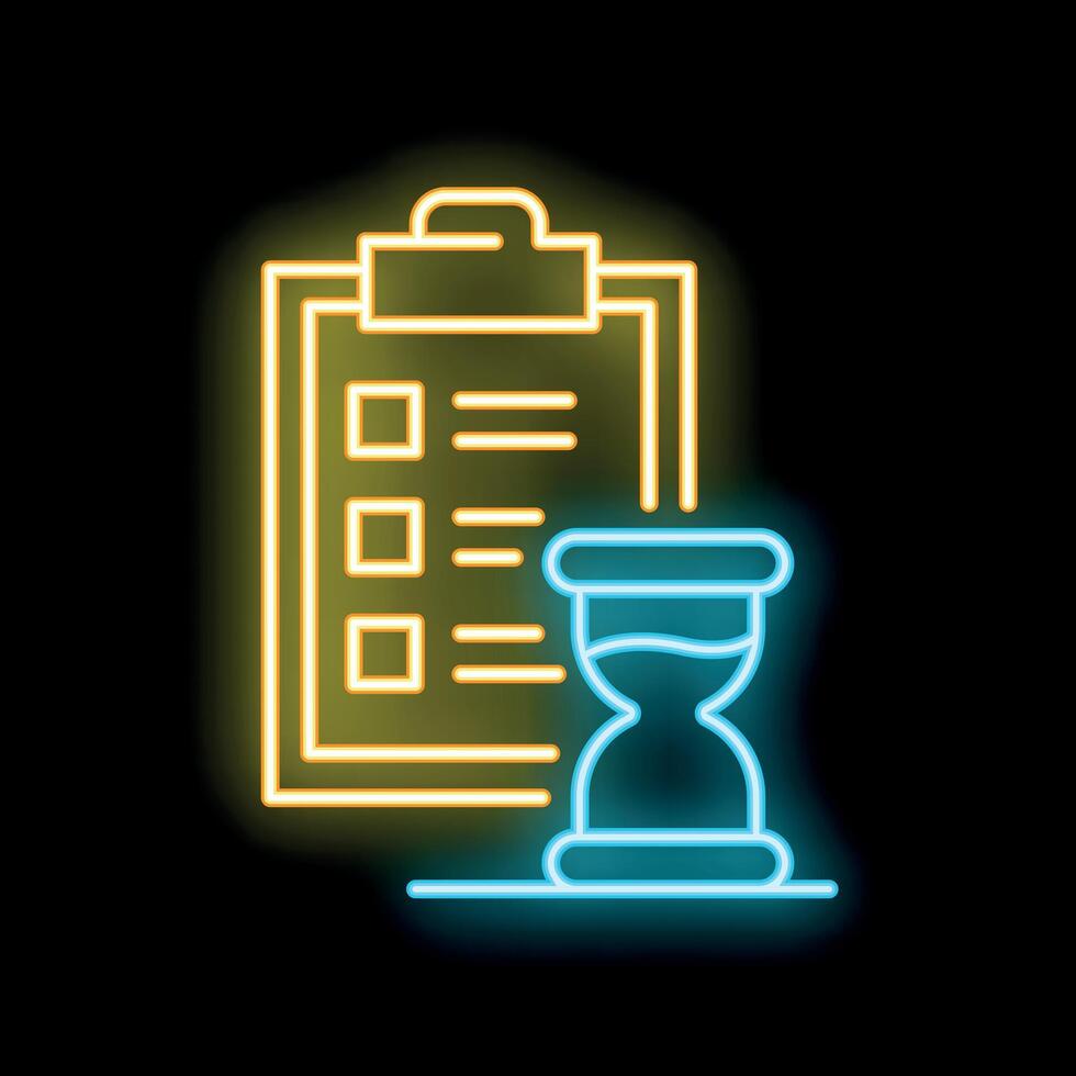 Neon sign of hourglass with sand passing through for time management concept vector