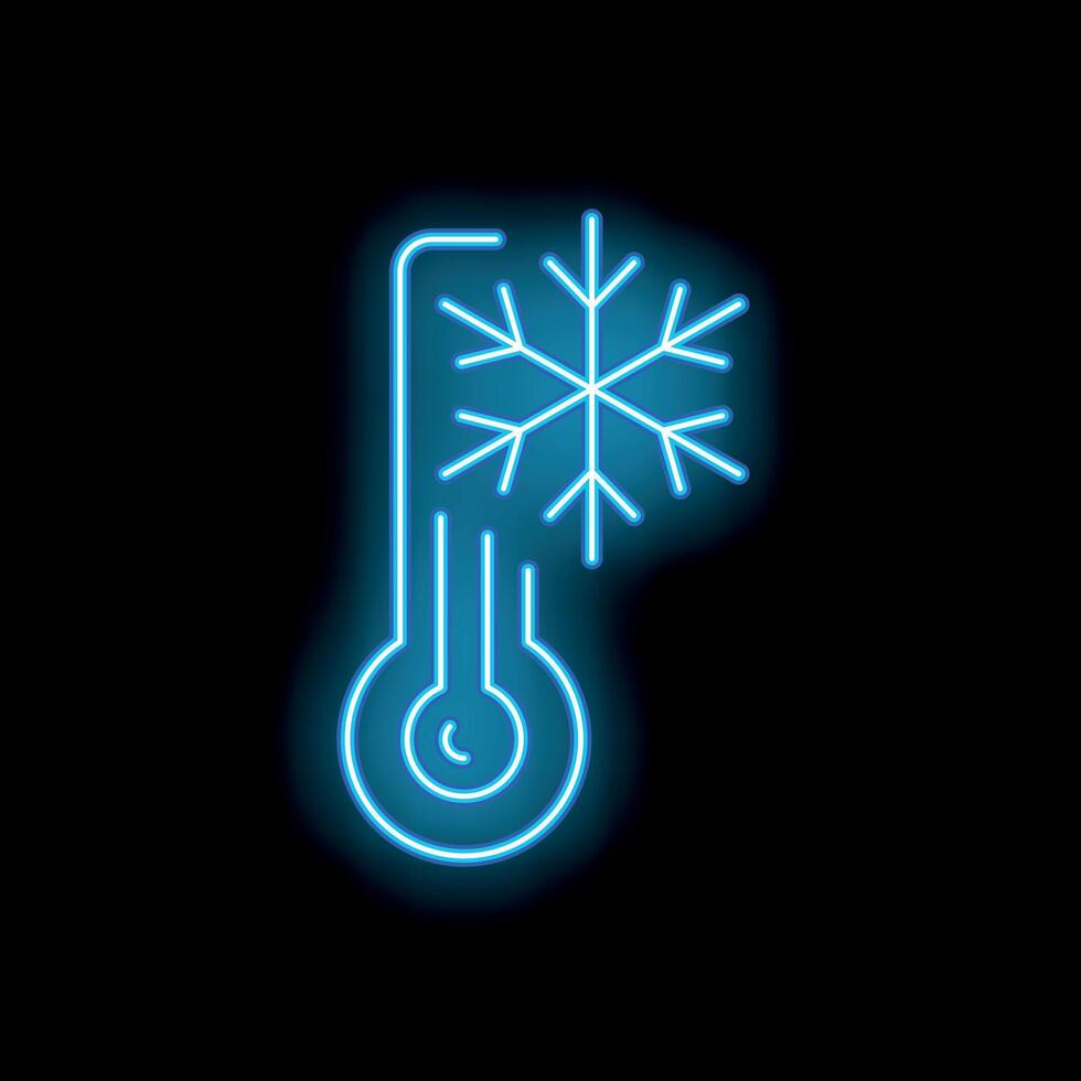 Neon blue thermometer showing low temperature with snowflake icon vector