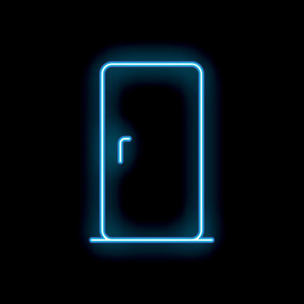 Blue neon sign of a door glowing on a black wall vector