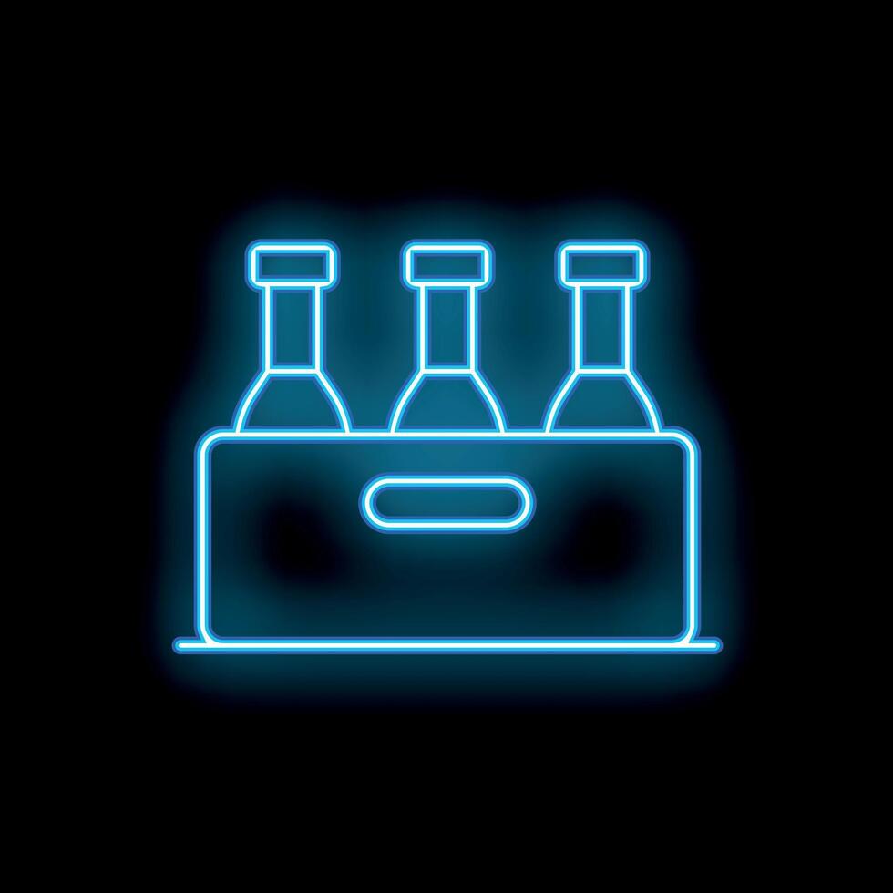 Blue neon icon of three beer bottles in a crate glowing on black background vector