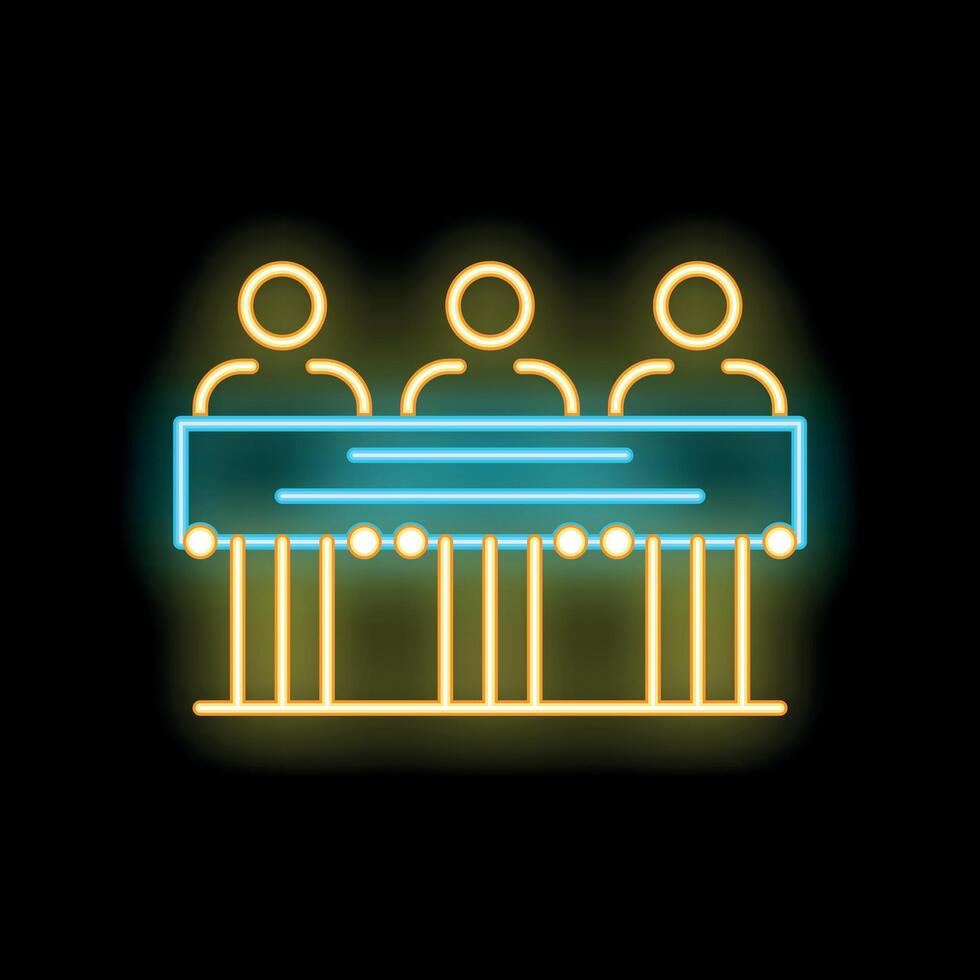 Neon icon of three people sitting at desk on black background vector