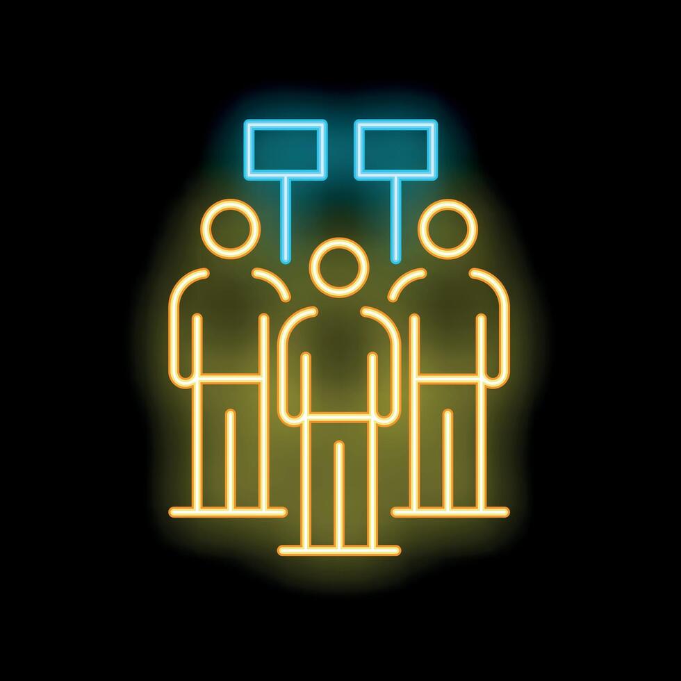 Group of people standing together holding blank placards in a neon style vector