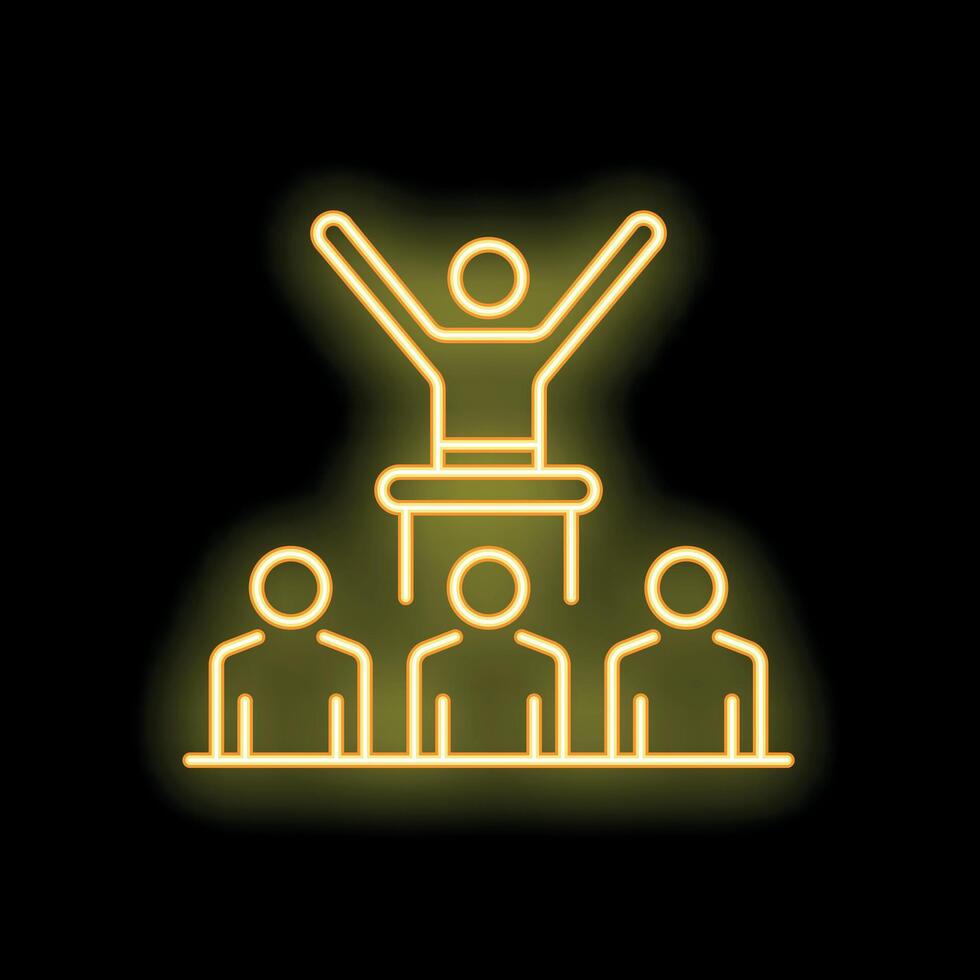 Neon icon of business leader standing on a platform raising hands in the air vector
