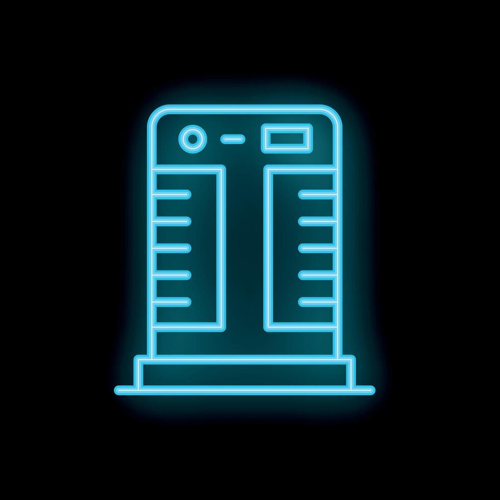 Blue neon sign of modern coffee machine with two filters for brewing fresh beverage in cafe on black background vector