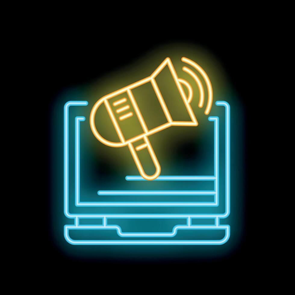 Neon megaphone announcing on laptop for digital marketing campaign vector