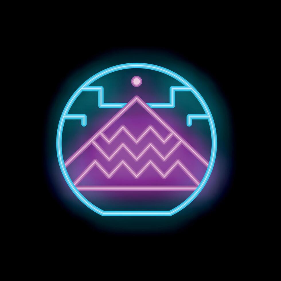 Neon sign depicting mountains inside a circle on black background vector