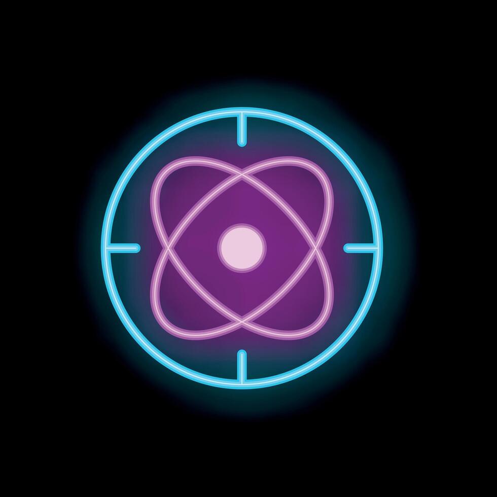Neon target focusing on atom symbol over black background vector