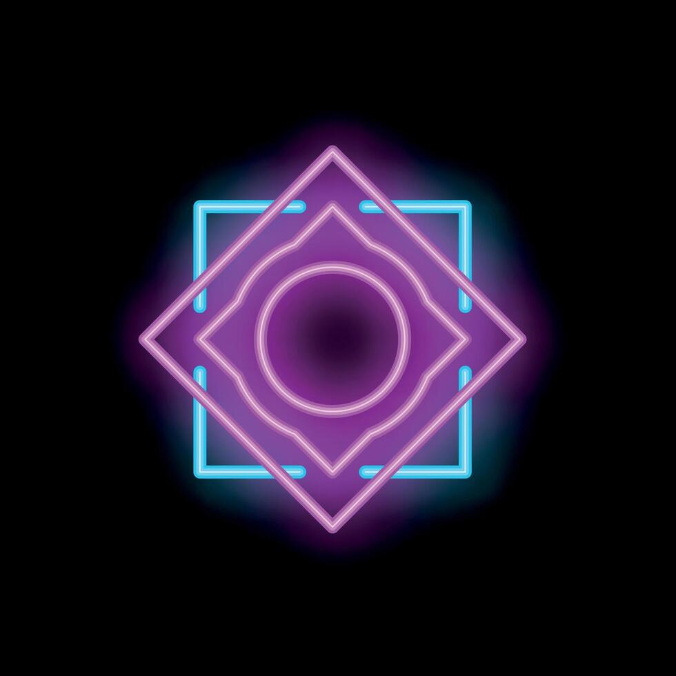 Neon light glowing geometric square with circle sign on black background vector