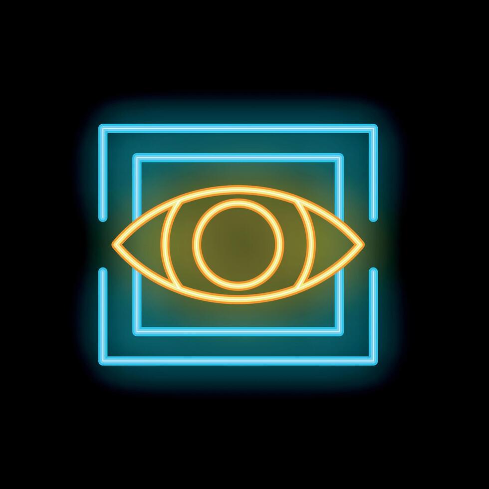 Neon eye symbol glowing inside multiple square frames on black background vector